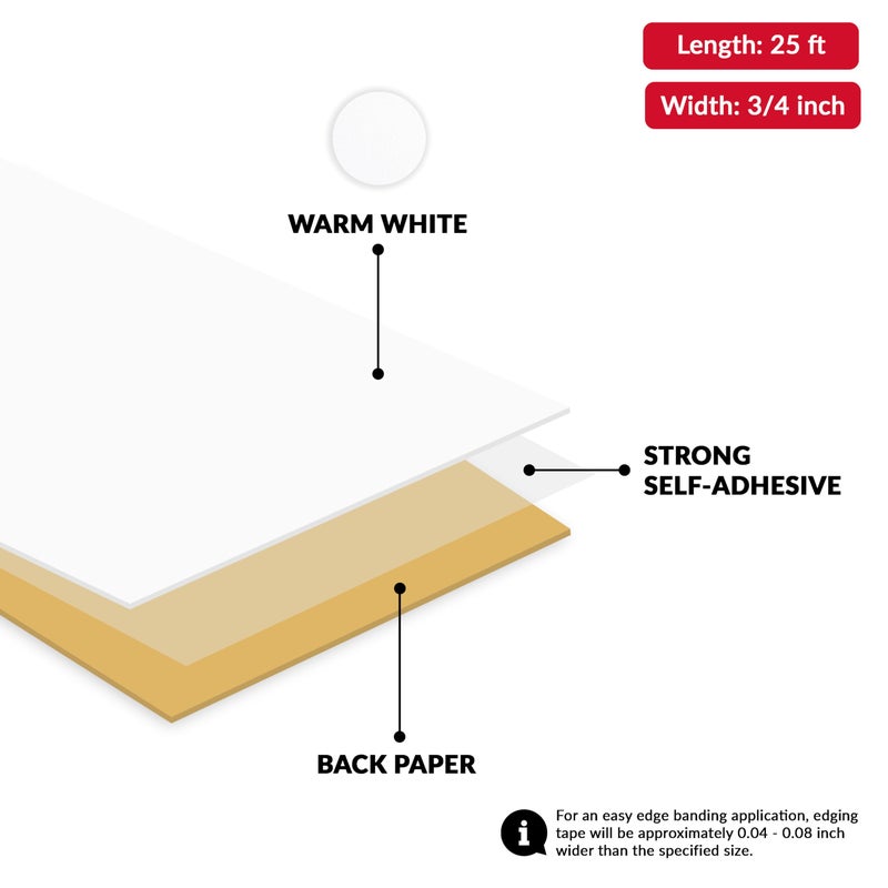 UNMAR White PVC 3/4 inch x 25 ft Edge Banding Tape Peel Stick Adhesive Edging Veneer Trim Flexible Vinyl Strip Molding MDF Wood Cabinet Laminate Shelf Furniture Countertop Formica Plywood Board Repair - Image 2